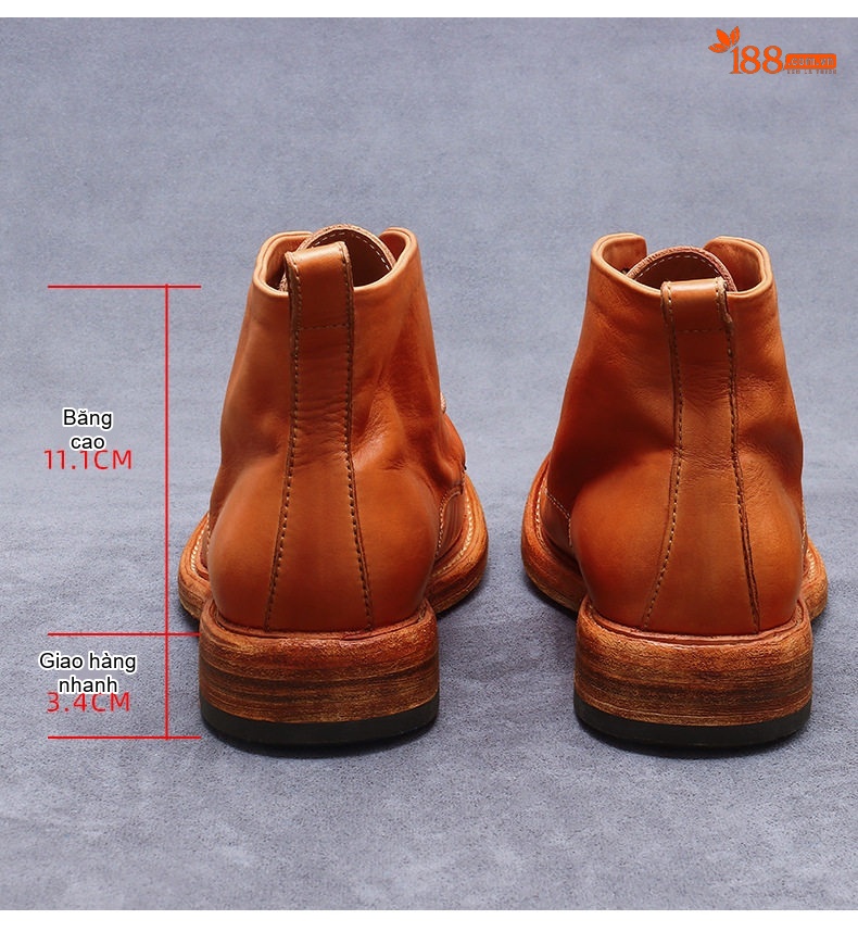 Giày Boot Nam Da Bò Cổ Cao Buộc Dây Chiều Cao Đế Khoảng 3cm Màu Nâu chi tiết 9