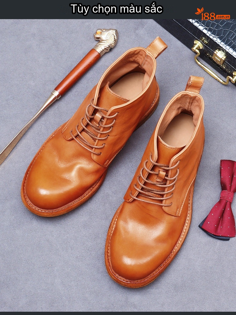 Giày Boot Nam Da Bò Cổ Cao Buộc Dây Chiều Cao Đế Khoảng 3cm Màu Nâu chi tiết 2
