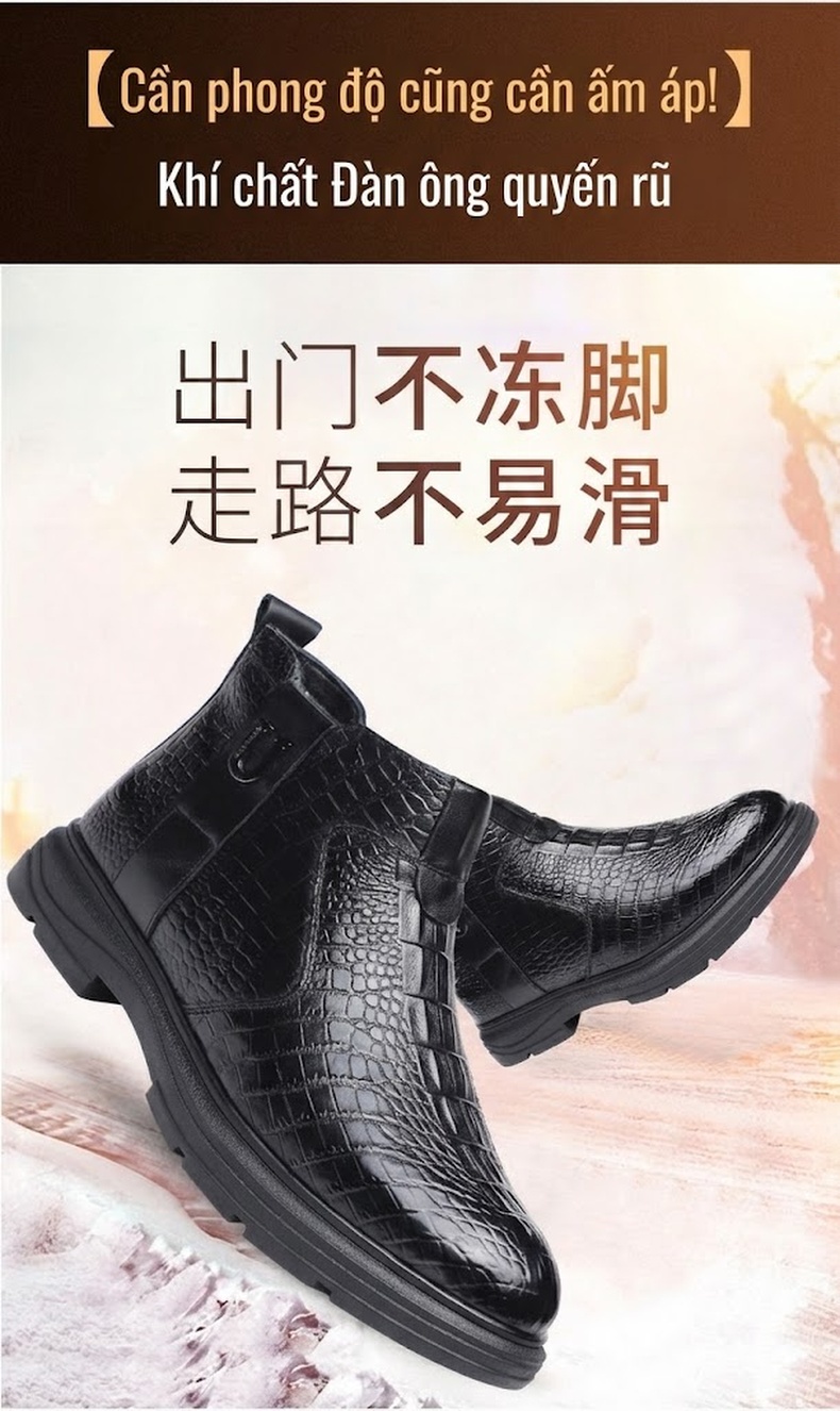 Giày Boot Nam Da Bò Lót Lông Cừu Cao Cổ Chiều Cao Đế Khoảng 3cm Màu Nâu, Đen chi tiết 4