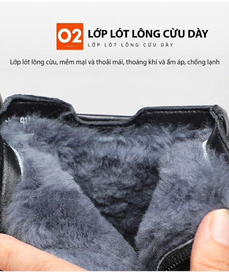 Giày Boot Nam Da Bò Lót Lông Cừu Cao Cổ Chiều Cao Đế Khoảng 3cm Màu Nâu, Đen chi tiết 9