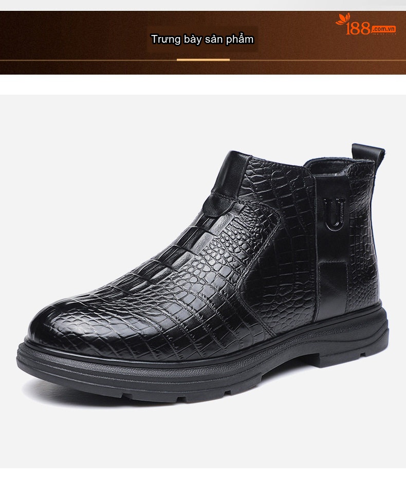 Giày Boot Nam Da Bò Lót Lông Cừu Cao Cổ Chiều Cao Đế Khoảng 3cm Màu Nâu, Đen chi tiết 11