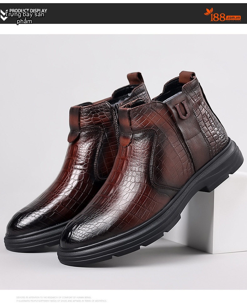 Giày Boot Nam Da Bò Lót Lông Cừu Cao Cổ Chiều Cao Đế Khoảng 3cm Màu Nâu, Đen chi tiết 12