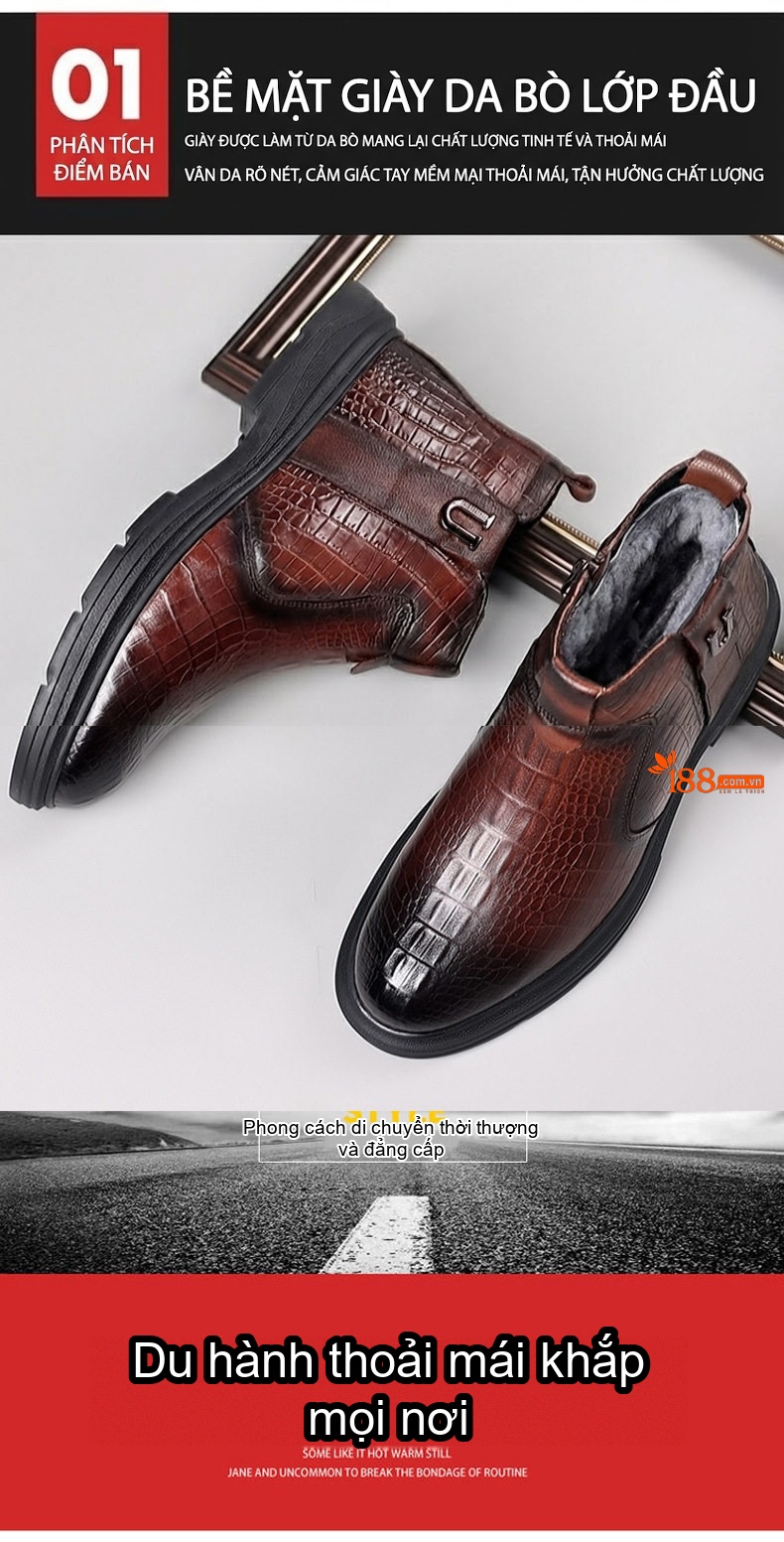Giày Boot Nam Da Bò Lót Lông Cừu Cao Cổ Chiều Cao Đế Khoảng 3cm Màu Nâu, Đen chi tiết 8