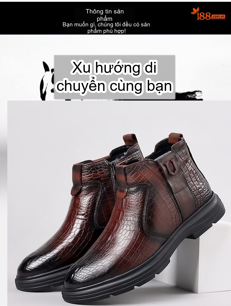 Giày Boot Nam Da Bò Lót Lông Cừu Cao Cổ Chiều Cao Đế Khoảng 3cm Màu Nâu, Đen chi tiết 5