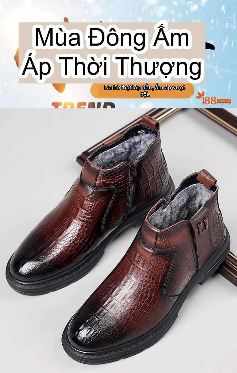 Giày Boot Nam Da Bò Lót Lông Cừu Cao Cổ Chiều Cao Đế Khoảng 3cm Màu Nâu, Đen chi tiết 1