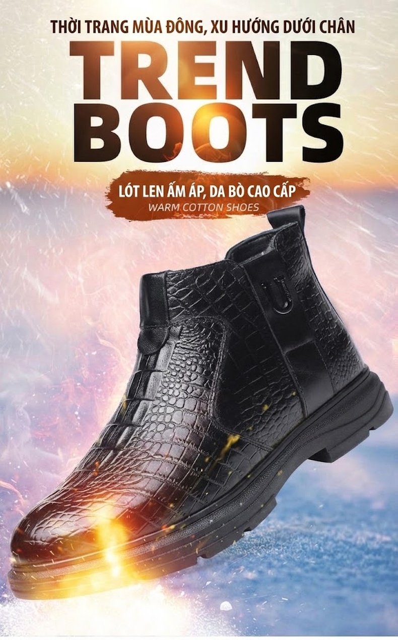 Giày Boot Nam Da Bò Lót Lông Cừu Cao Cổ Chiều Cao Đế Khoảng 3cm Màu Nâu, Đen chi tiết 2