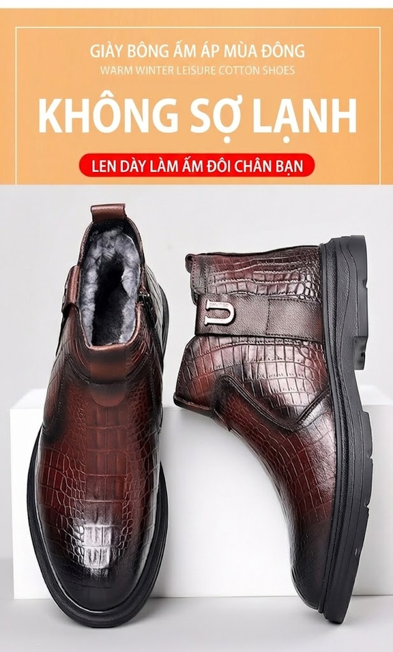Giày Boot Nam Da Bò Lót Lông Cừu Cao Cổ Chiều Cao Đế Khoảng 3cm Màu Nâu, Đen chi tiết 3