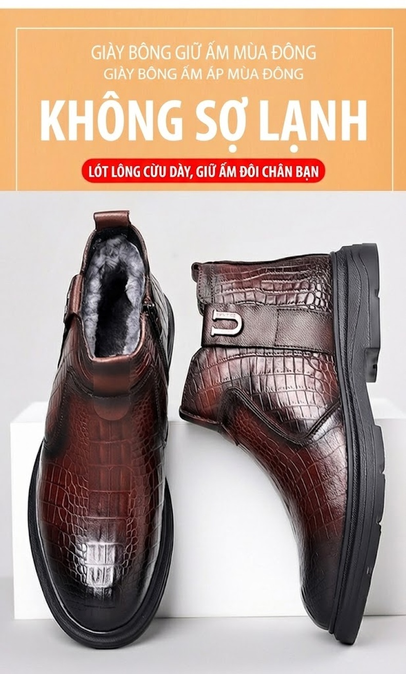 Giày Boot Nam Da Bò Lót Lông Cừu Giữ Ấm Chiều Cao Đế Khoảng 3cm Màu Nâu, Đen chi tiết 1