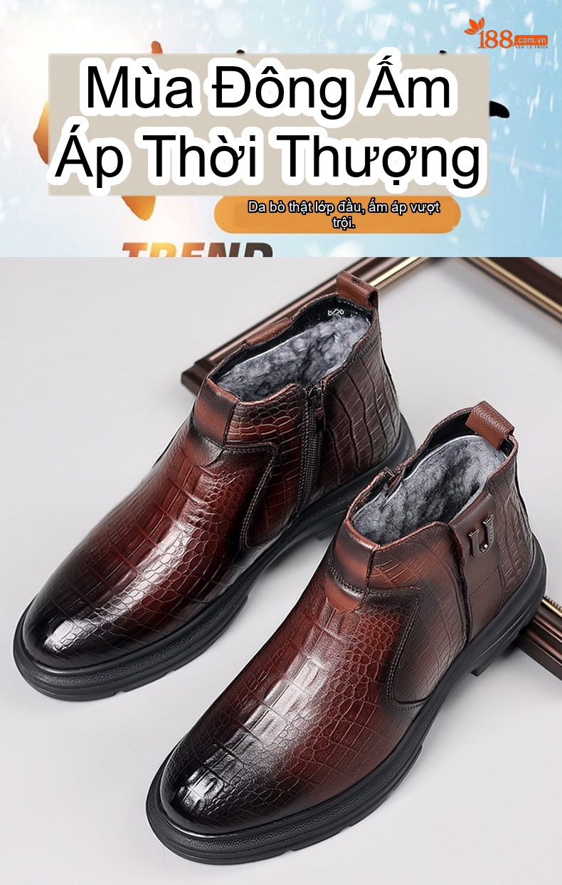 Giày Boot Nam Da Bò Lót Lông Cừu Giữ Ấm Chiều Cao Đế Khoảng 3cm Màu Nâu, Đen chi tiết 2