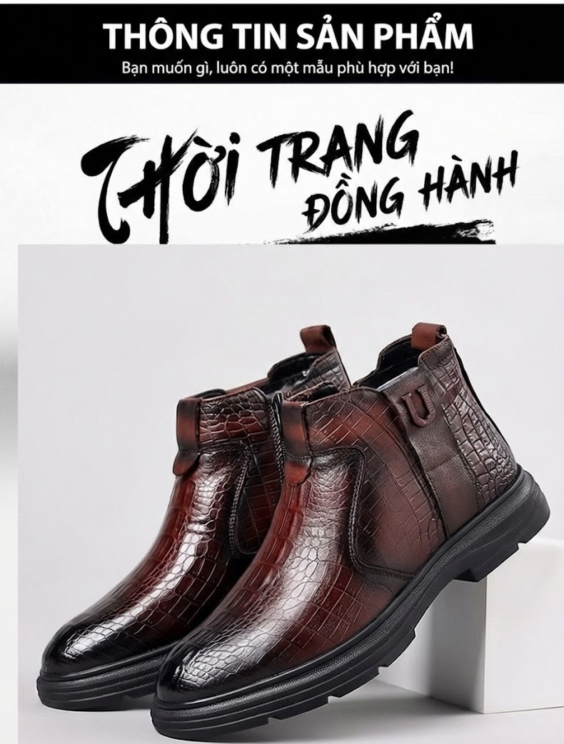 Giày Boot Nam Da Bò Lót Lông Cừu Giữ Ấm Chiều Cao Đế Khoảng 3cm Màu Nâu, Đen chi tiết 3