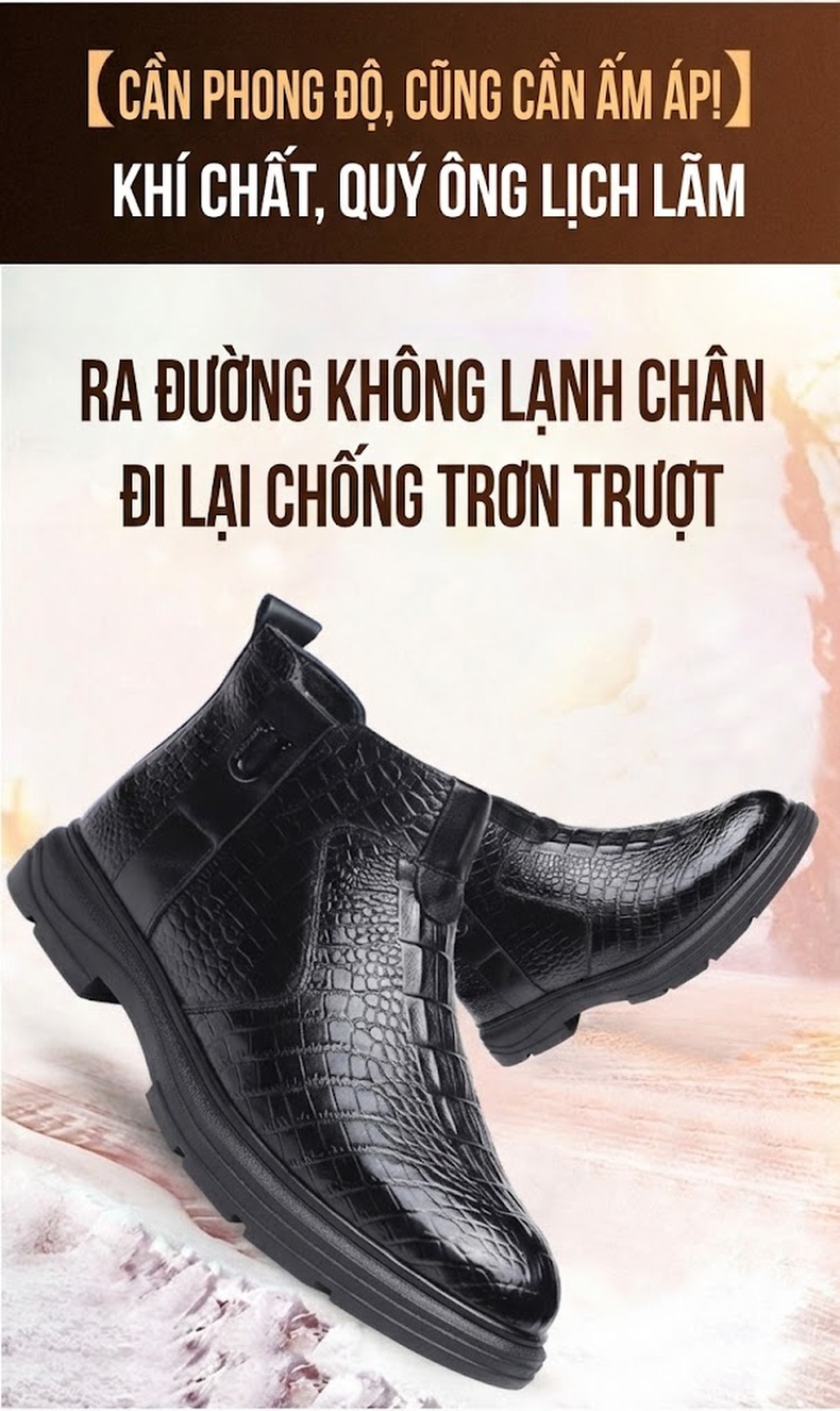 Giày Boot Nam Da Bò Lót Lông Cừu Giữ Ấm Chiều Cao Đế Khoảng 3cm Màu Nâu, Đen chi tiết 5