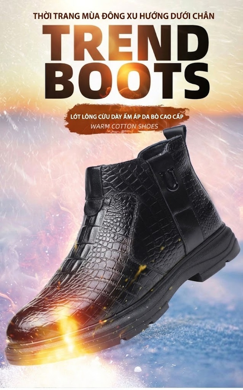 Giày Boot Nam Da Bò Lót Lông Cừu Giữ Ấm Chiều Cao Đế Khoảng 3cm Màu Nâu, Đen chi tiết 6