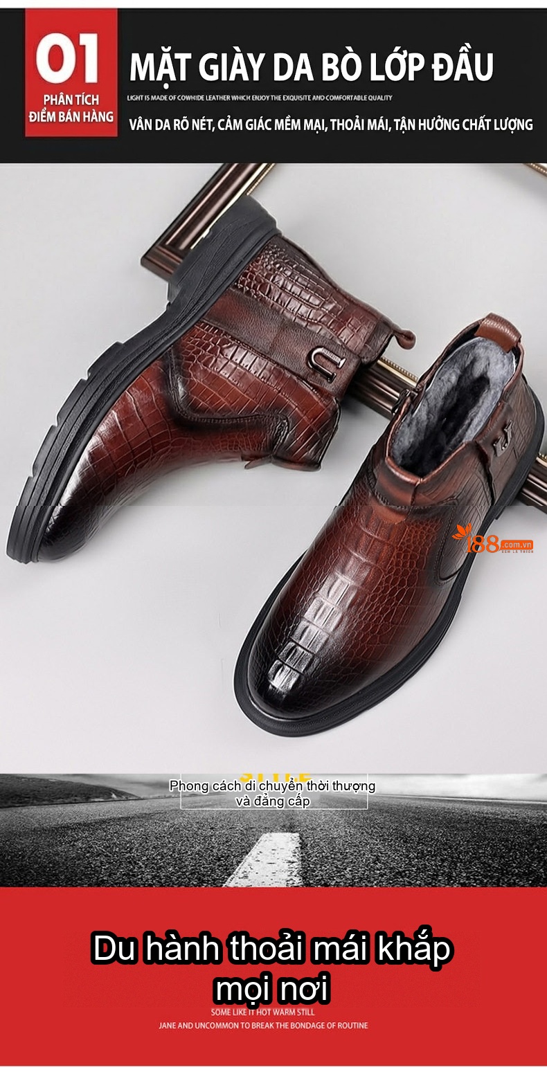 Giày Boot Nam Da Bò Lót Lông Cừu Giữ Ấm Chiều Cao Đế Khoảng 3cm Màu Nâu, Đen chi tiết 4