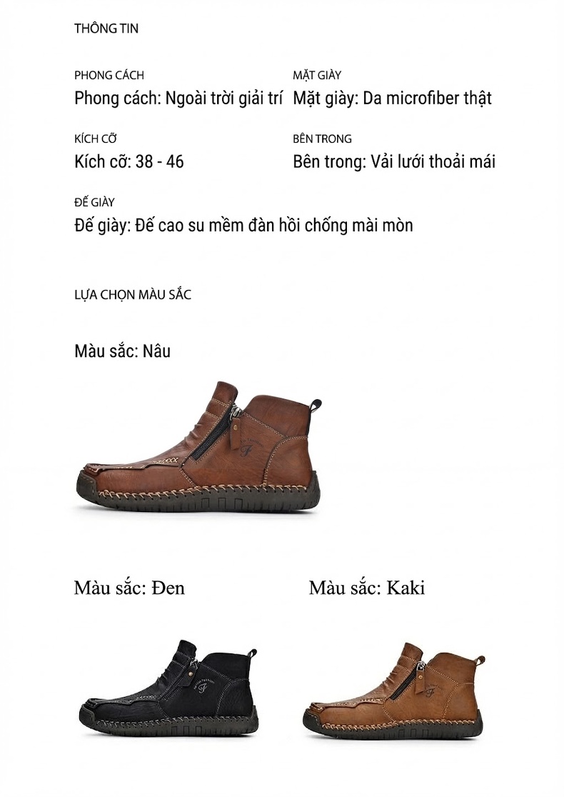 Giày Boot Nam Da Mờ Cao Cổ Khóa Zip Chiều Cao Đế Khoảng 3cm Màu Nâu, Đen chi tiết 22