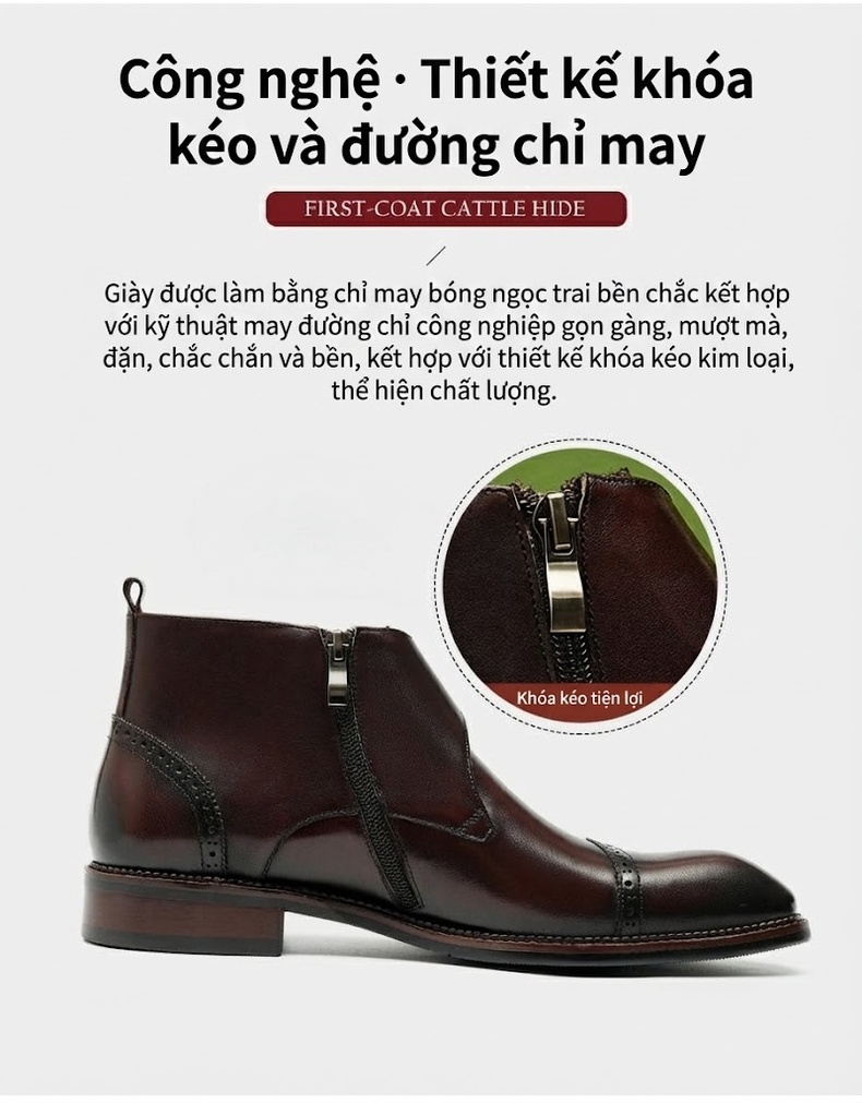 Giày Boot Nam Da Thật Cổ Cao Khóa Kéo Bên Hông Chiều Cao Đế Khoảng 3cm Màu Đen, Nâu Đỏ chi tiết 8