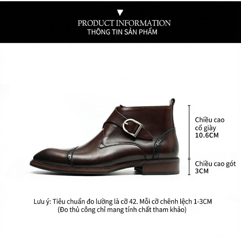 Giày Boot Nam Da Thật Cổ Cao Khóa Kéo Bên Hông Chiều Cao Đế Khoảng 3cm Màu Đen, Nâu Đỏ chi tiết 10