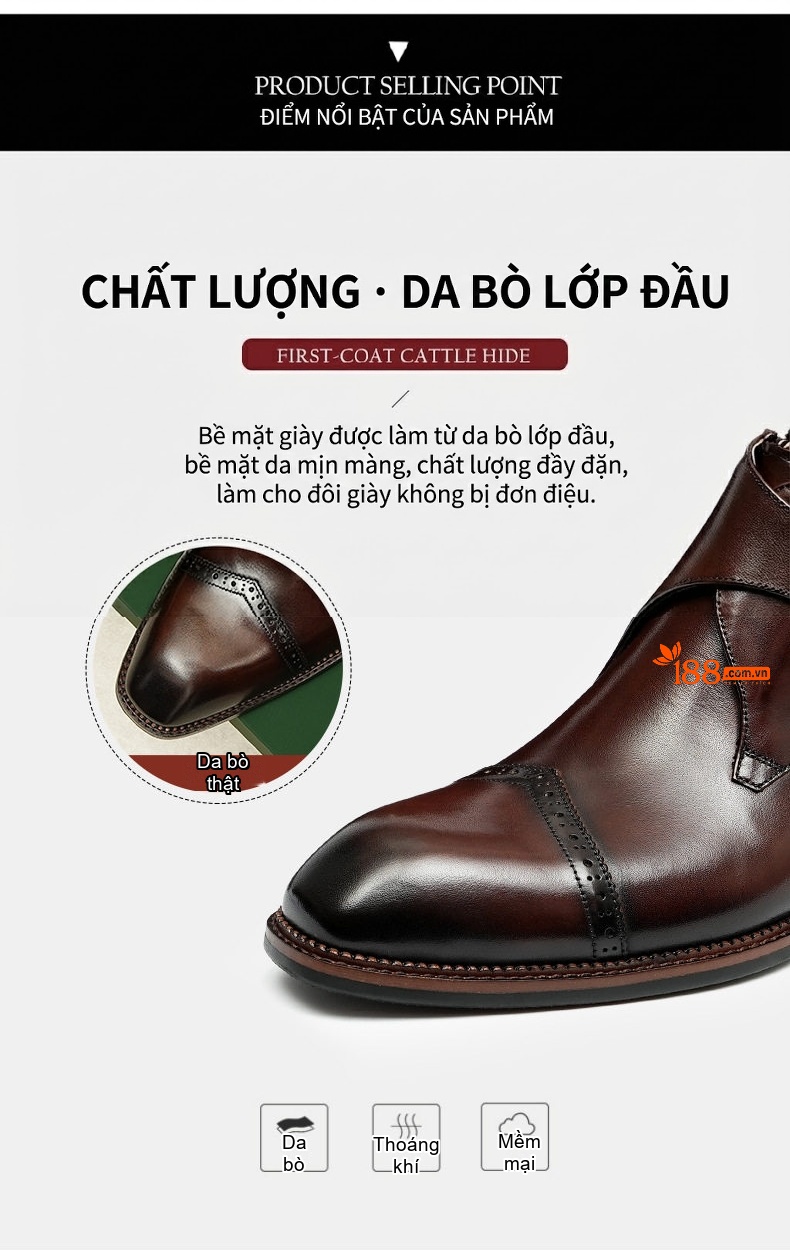 Giày Boot Nam Da Thật Cổ Cao Khóa Kéo Bên Hông Chiều Cao Đế Khoảng 3cm Màu Đen, Nâu Đỏ chi tiết 7