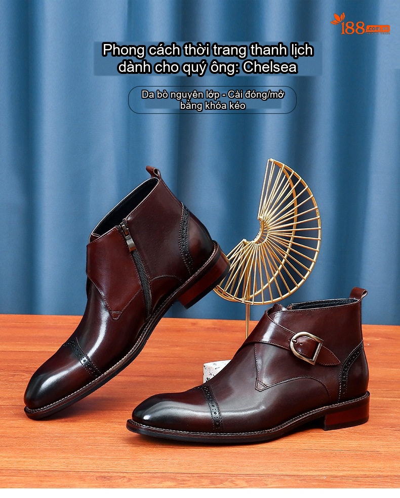 Giày Boot Nam Da Thật Cổ Cao Khóa Kéo Bên Hông Chiều Cao Đế Khoảng 3cm Màu Đen, Nâu Đỏ chi tiết 1