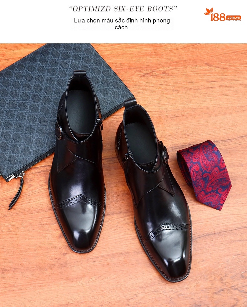 Giày Boot Nam Da Thật Cổ Cao Khóa Kéo Bên Hông Chiều Cao Đế Khoảng 3cm Màu Đen, Nâu Đỏ chi tiết 2