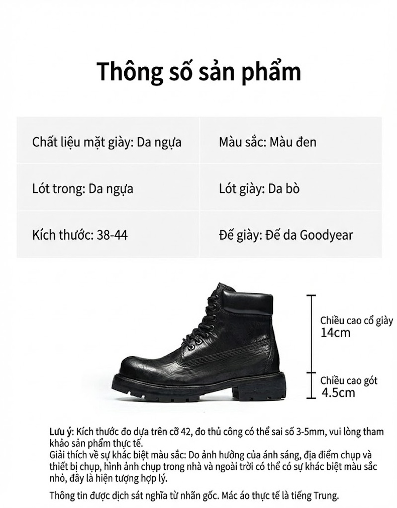 Giày Boot Nam Da Thật Thủ Công Đế Gỗ Chiều Cao Đế Khoảng 4cm Phong Cách Workwear Màu Nâu, Đen chi tiết 3