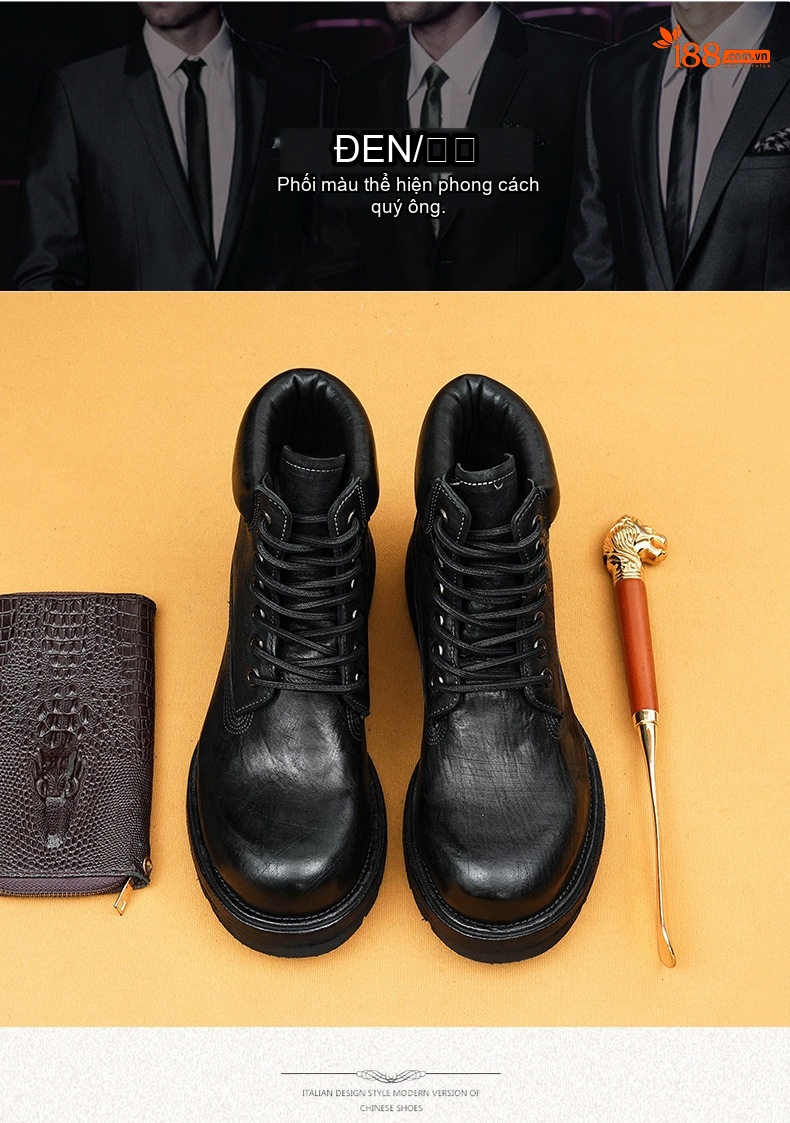 Giày Boot Nam Da Thật Thủ Công Đế Gỗ Chiều Cao Đế Khoảng 4cm Phong Cách Workwear Màu Nâu, Đen chi tiết 5