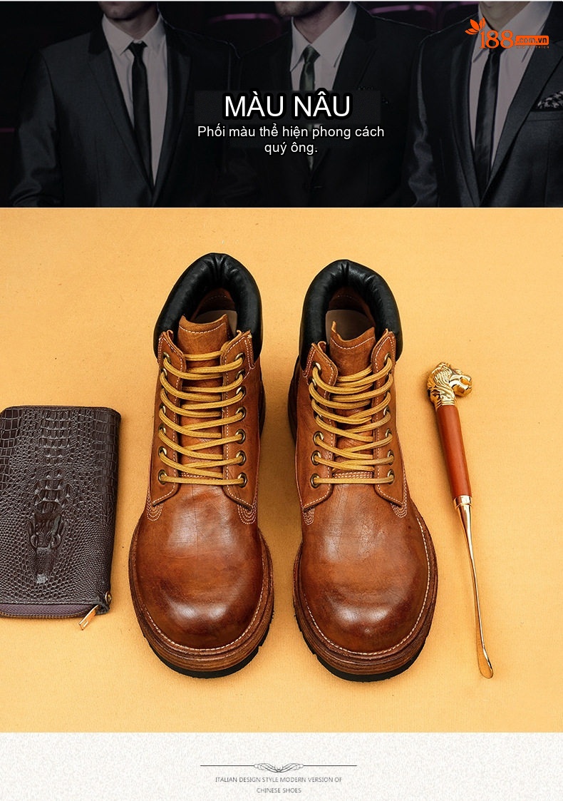 Giày Boot Nam Da Thật Thủ Công Đế Gỗ Chiều Cao Đế Khoảng 4cm Phong Cách Workwear Màu Nâu, Đen chi tiết 13