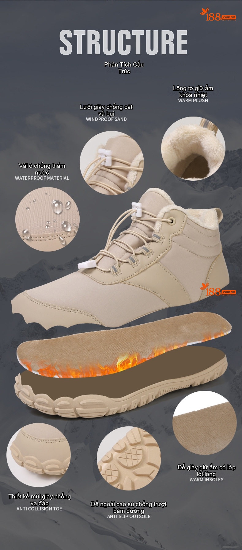Giày Boot Nam Cổ Cao Lót Lông Giữ Ấm Đế Cao 2cm chi tiết 35