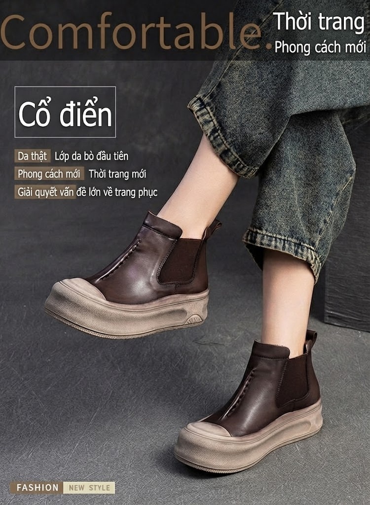 Giày Boot Nữ Cao Cổ Da Bóng Đế Dày Chiều Cao Đế Khoảng 5cm Màu Nâu chi tiết 2