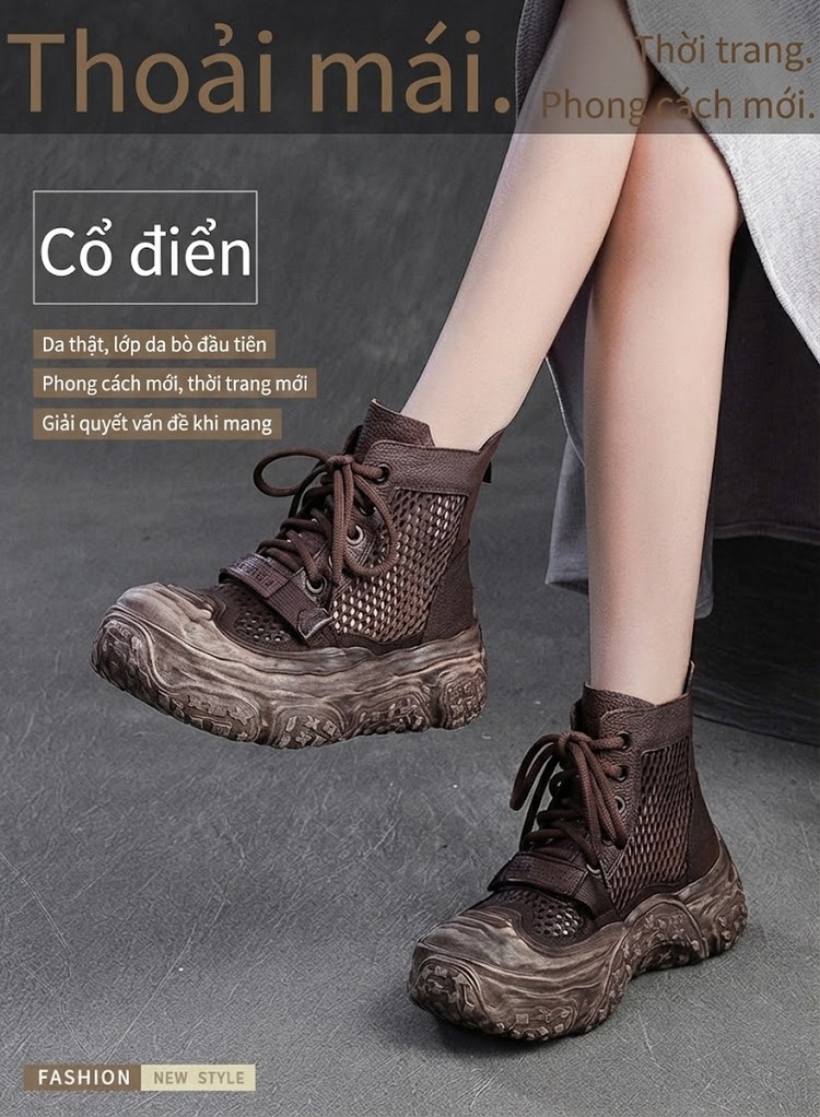 Giày Boot Nữ Cao Cổ Dây Rút Lưới Thoáng Khí Phong Cách Retro Chiều Cao Đế Khoảng 5cm Màu Đen, Nâu chi tiết 2