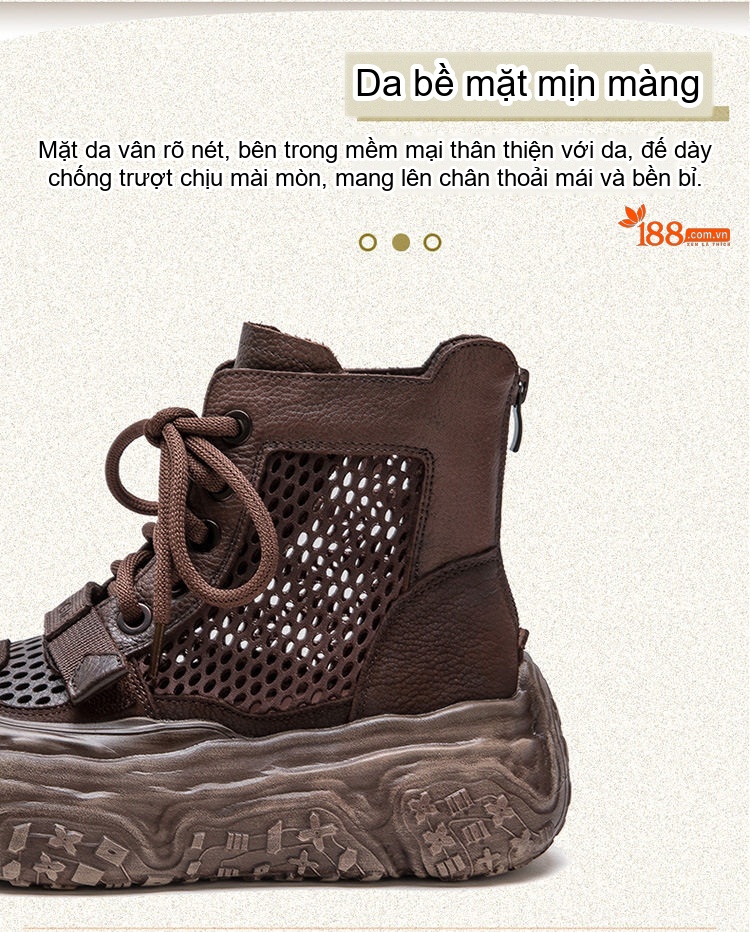 Giày Boot Nữ Cao Cổ Dây Rút Lưới Thoáng Khí Phong Cách Retro Chiều Cao Đế Khoảng 5cm Màu Đen, Nâu chi tiết 4