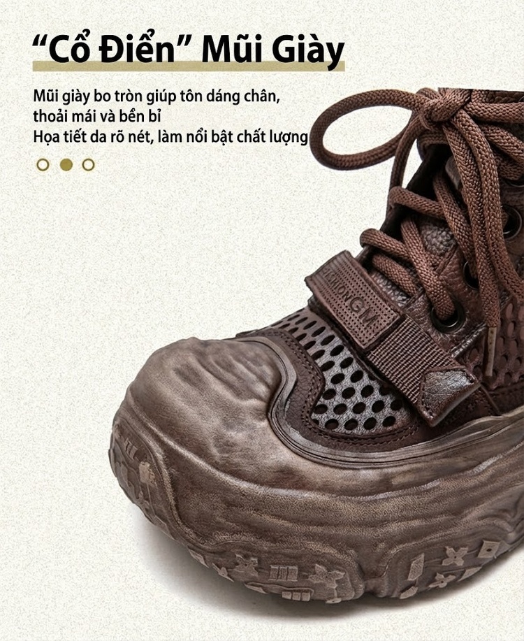 Giày Boot Nữ Cao Cổ Dây Rút Lưới Thoáng Khí Phong Cách Retro Chiều Cao Đế Khoảng 5cm Màu Đen, Nâu chi tiết 5