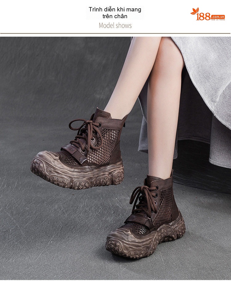 Giày Boot Nữ Cao Cổ Dây Rút Lưới Thoáng Khí Phong Cách Retro Chiều Cao Đế Khoảng 5cm Màu Đen, Nâu chi tiết 9