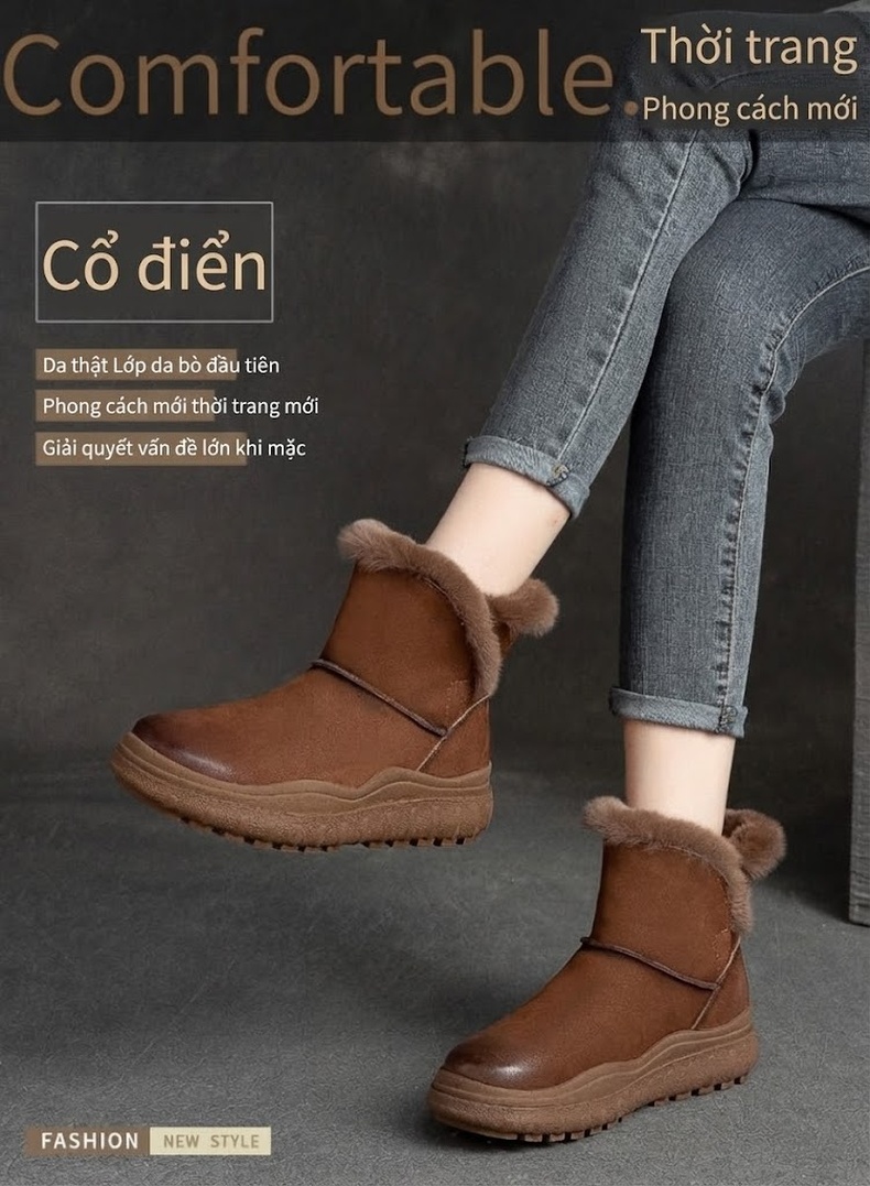 Giày Boot Nữ Cao Cổ Đế Bằng Lót Lông Giữ Ấm Chiều Cao Đế Khoảng 3cm Màu Nâu Vàng, Nâu Đậm, Nâu chi tiết 2