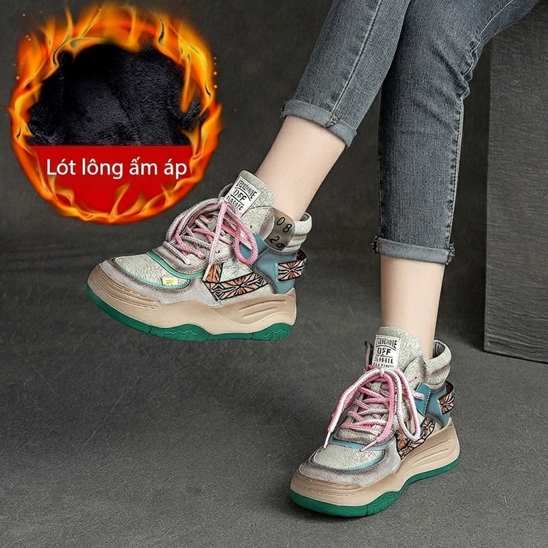 Giày Boot Nữ Cao Cổ Đế Dày Chiều Cao Đế Khoảng 5cm Lót Lông Ấm Áp Màu Xám, Đen, Xanh...
