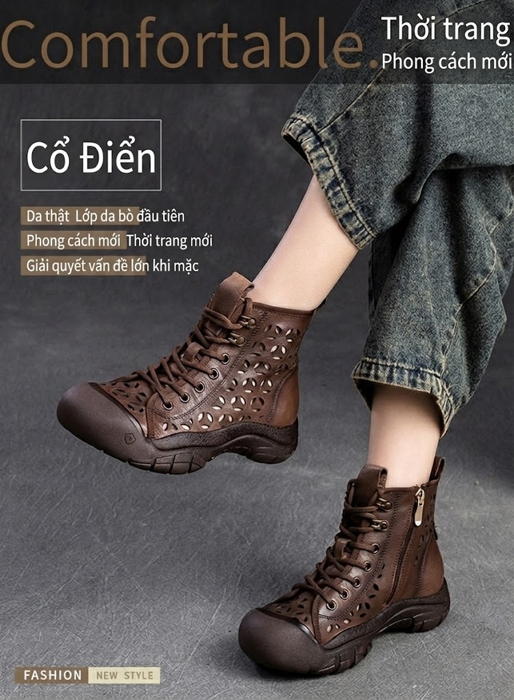 Giày Boot Nữ Cao Cổ Đế Dày Khoảng 3cm Phong Cách La Mã Khoét Lỗ Màu Nâu, Xám chi tiết 2