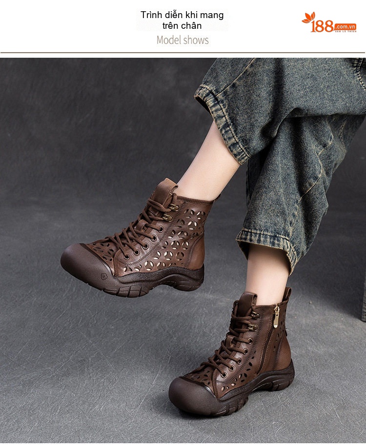 Giày Boot Nữ Cao Cổ Đế Dày Khoảng 3cm Phong Cách La Mã Khoét Lỗ Màu Nâu, Xám chi tiết 8