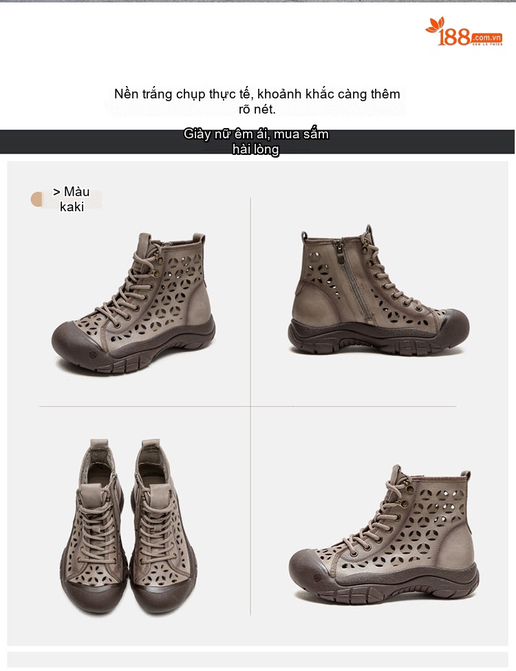 Giày Boot Nữ Cao Cổ Đế Dày Khoảng 3cm Phong Cách La Mã Khoét Lỗ Màu Nâu, Xám chi tiết 17