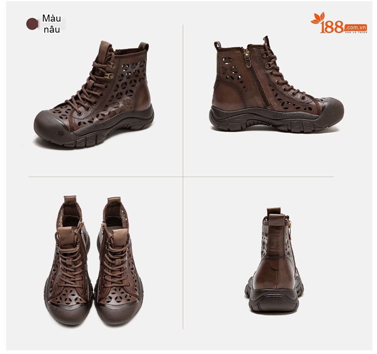 Giày Boot Nữ Cao Cổ Đế Dày Khoảng 3cm Phong Cách La Mã Khoét Lỗ Màu Nâu, Xám chi tiết 18