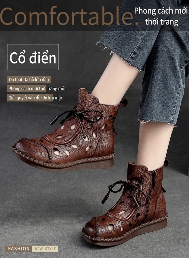 Giày Boot Nữ Cổ Cao Da Mờ Buộc Dây Họa Tiết Lỗ Chiều Cao Đế Khoảng 2cm Phong Cách La Mã Màu Nâu, Đen chi tiết 2