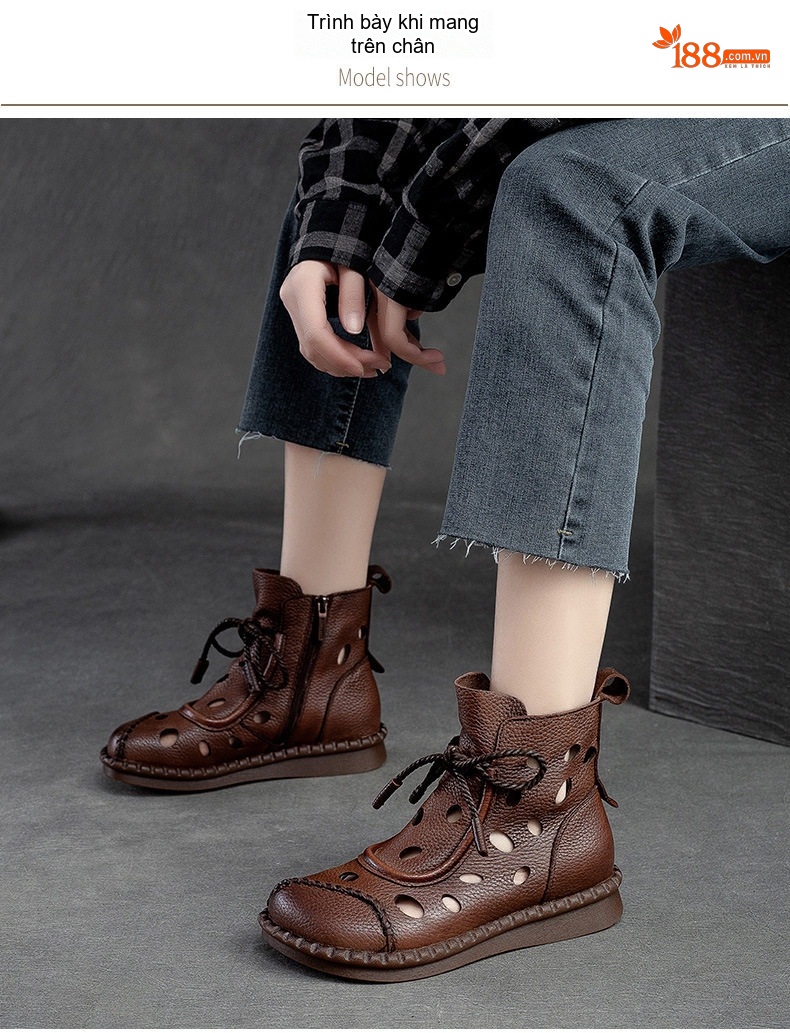 Giày Boot Nữ Cổ Cao Da Mờ Buộc Dây Họa Tiết Lỗ Chiều Cao Đế Khoảng 2cm Phong Cách La Mã Màu Nâu, Đen chi tiết 7