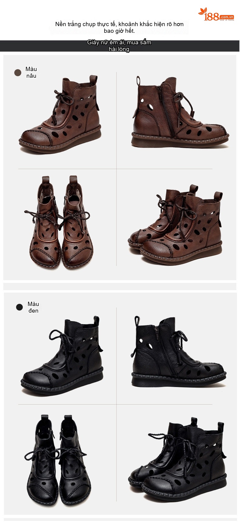 Giày Boot Nữ Cổ Cao Da Mờ Buộc Dây Họa Tiết Lỗ Chiều Cao Đế Khoảng 2cm Phong Cách La Mã Màu Nâu, Đen chi tiết 14