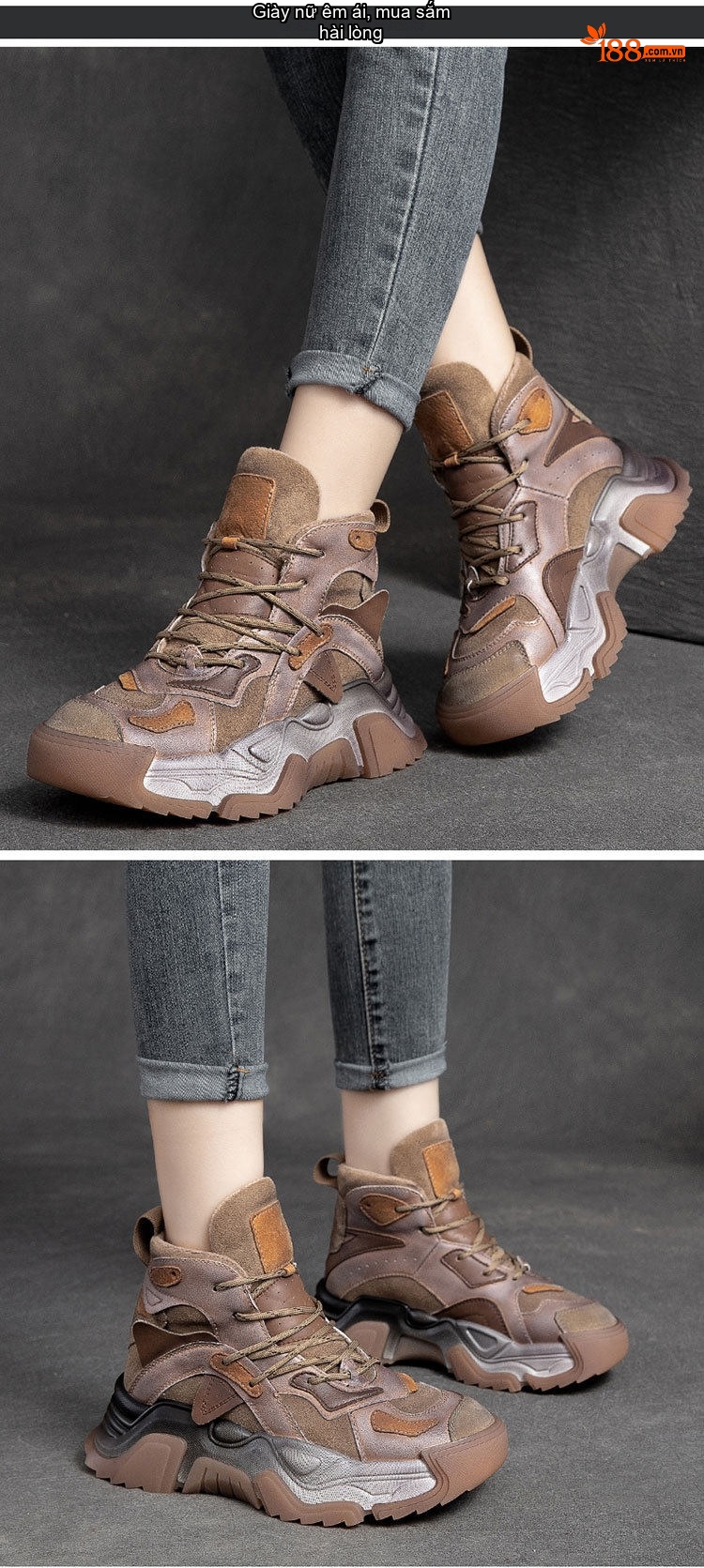 Giày Boot Nữ Cổ Cao Đế Dày Phong Cách Retro Chiều Cao Đế Khoảng 5cm Màu Nâu, Đen, Xám, Tím... chi tiết 7