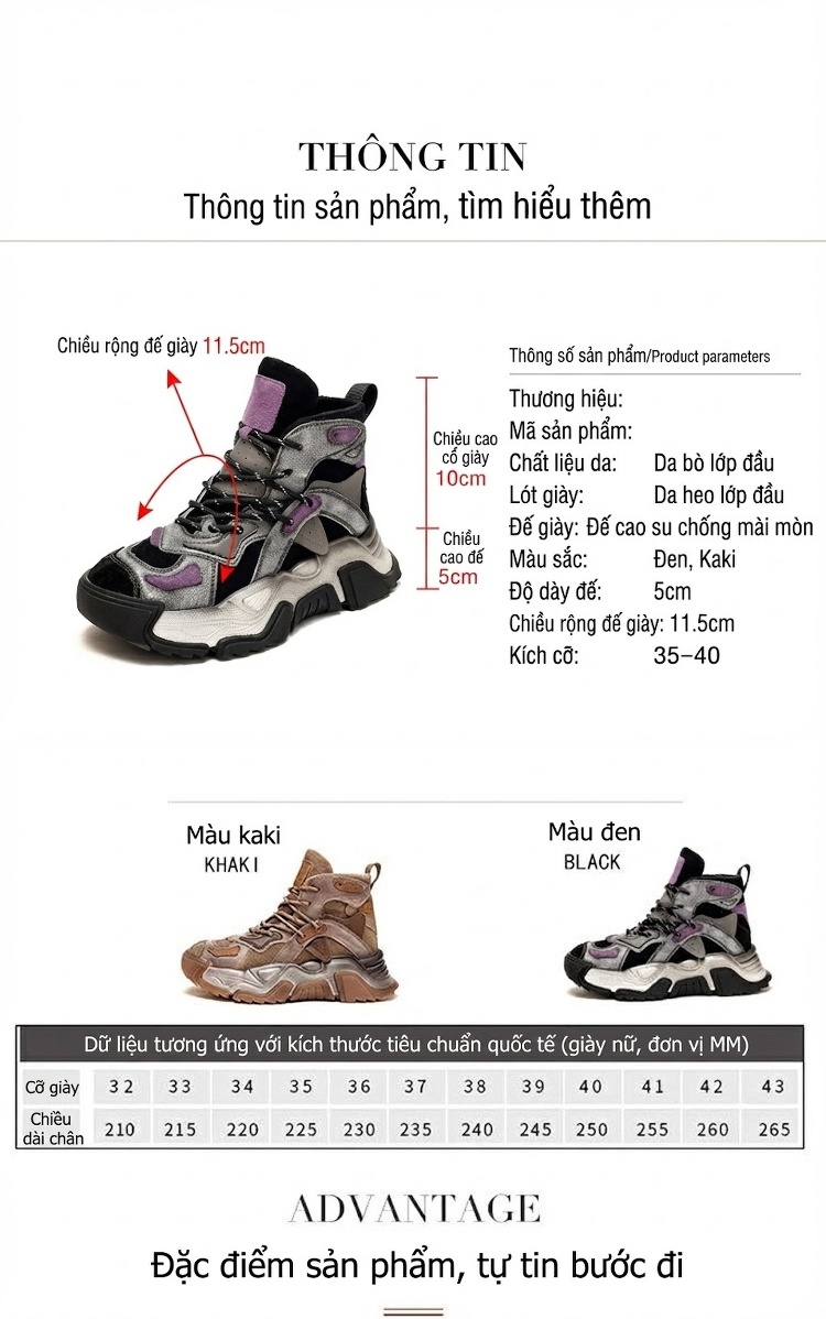 Giày Boot Nữ Cổ Cao Đế Dày Phong Cách Retro Chiều Cao Đế Khoảng 5cm Màu Nâu, Đen, Xám, Tím... chi tiết 2