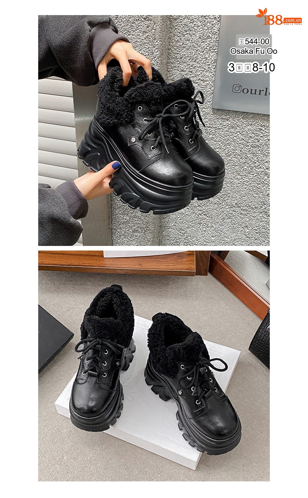 Giày Boot Nữ Cổ Lông Buộc Dây Da Thật Tăng Chiều Cao 12cm Đế Dày Màu Nâu, Đen chi tiết 7