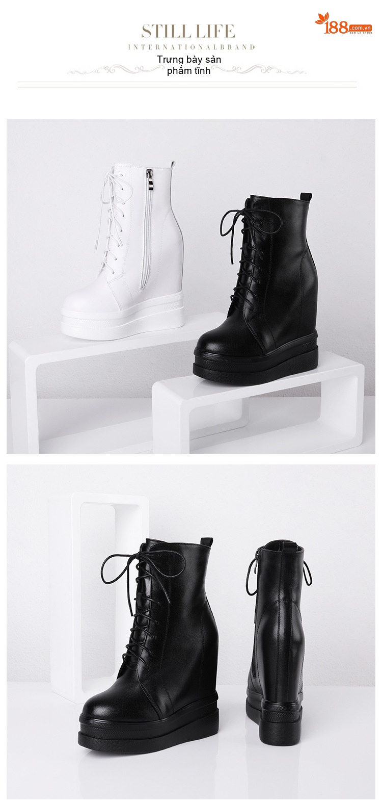 Giày Boot Nữ Cổ Lửng Da Bóng Dây Buộc Chiều Cao Đế Khoảng 8cm Màu Đen, Trắng chi tiết 7