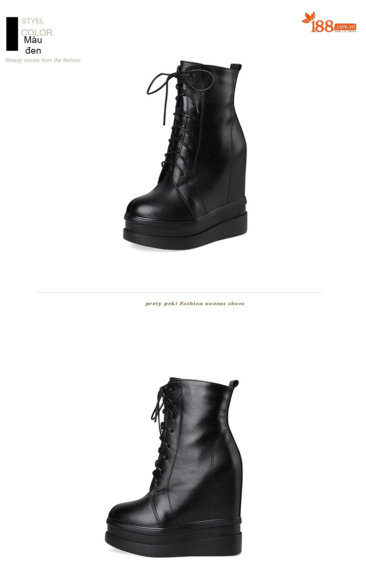 Giày Boot Nữ Cổ Lửng Da Bóng Dây Buộc Chiều Cao Đế Khoảng 8cm Màu Đen, Trắng chi tiết 9