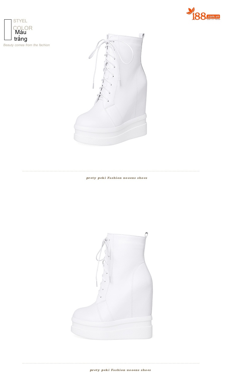 Giày Boot Nữ Cổ Lửng Da Bóng Dây Buộc Chiều Cao Đế Khoảng 8cm Màu Đen, Trắng chi tiết 11