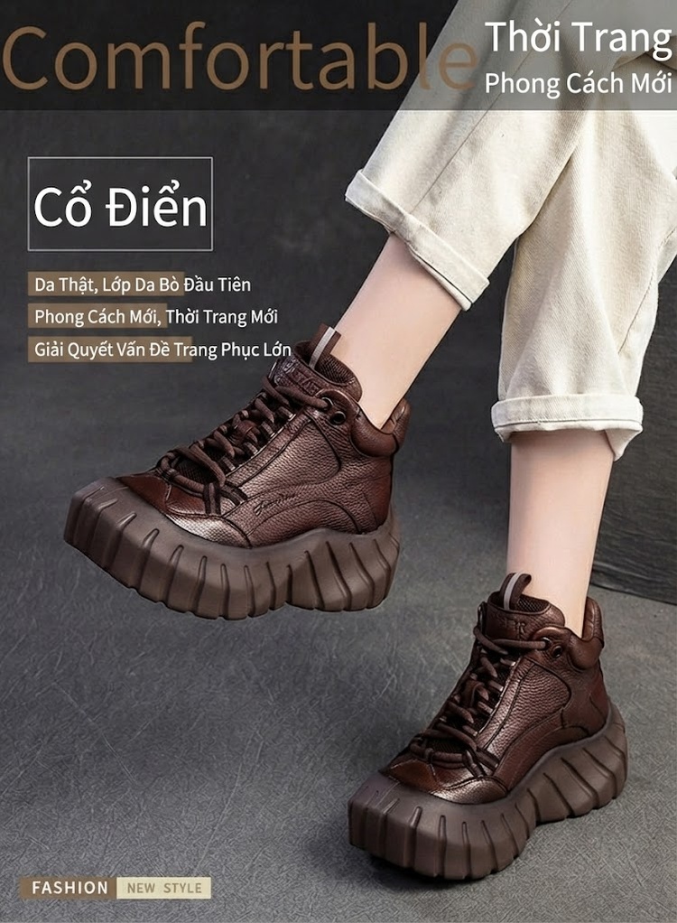 Giày Boot Nữ Cổ Ngắn Da Bò Đế Dày Chiều Cao Khoảng 6cm Màu Đen, Nâu chi tiết 2