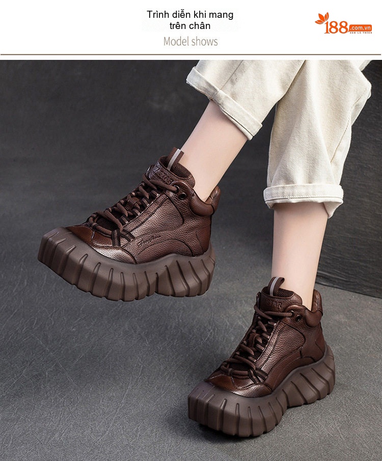 Giày Boot Nữ Cổ Ngắn Da Bò Đế Dày Chiều Cao Khoảng 6cm Màu Đen, Nâu chi tiết 8