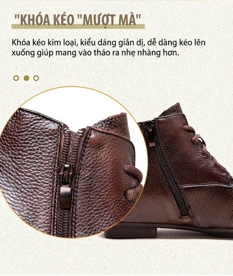 Giày Boot Nữ Cổ Ngắn Da Bò Mũi Vuông Chiều Cao Đế Khoảng 2cm Màu Đen, Nâu chi tiết 8
